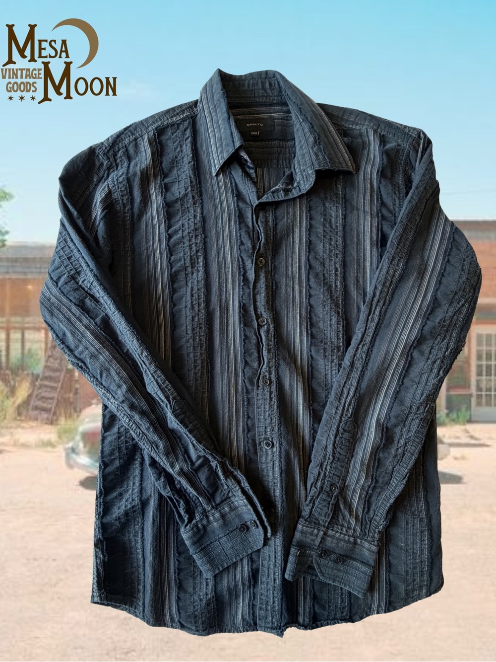Vintage Men's Dark Blue Textured Button-Down Shirt